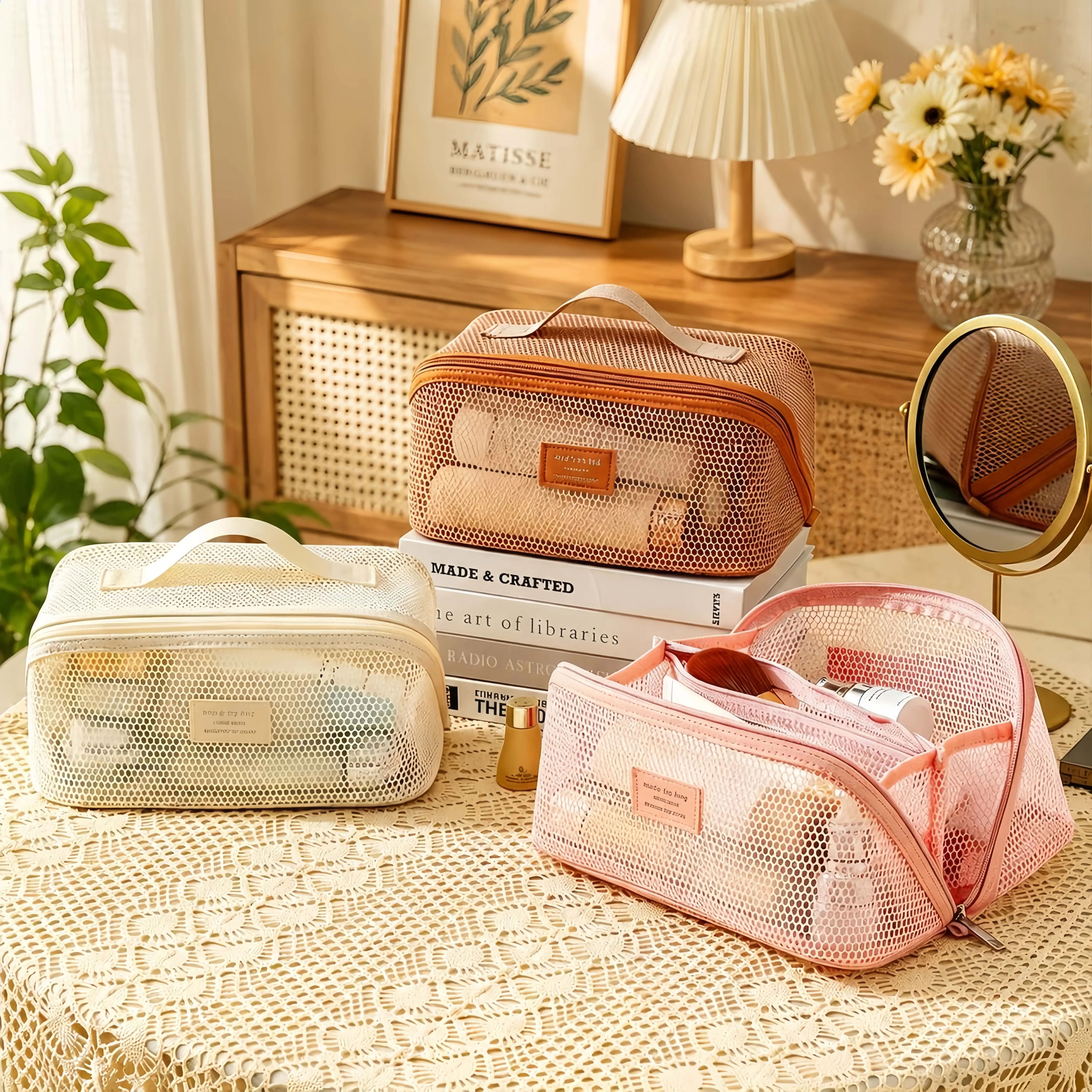 Mesh Cosmetic Bag, Foldable Travel Makeup Toiletry Bag with 3 Compartments, See Through Handheld Multi-Functional Storage Bag for Travel Essentials