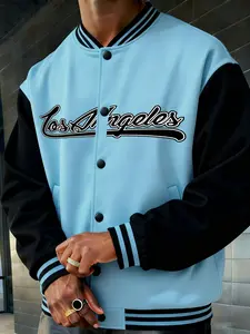 Men's Colorblock Baseball Jacket, Vintage Contrast Design, Satin Sleeve Patchwork, Letter Print, All Seasons Fitted Outerwear