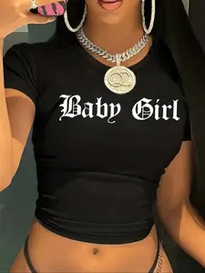 Women's Letter Print Round Neck Crop Top, Casual Slim Fit Short Sleeve T-Shirt, Summer Daily Wear, Ladies Fashion Clothing Cropped