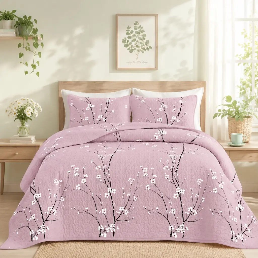 Cherry Blossom Flower Quilt Set Bedding Soft Breathable Ultra Fine Fiber Design Light Blue Gray Plant Pattern Machine Washable Duvet for Bedroom Guest Room Home Decoration