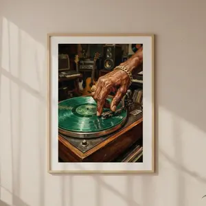 Vinyl Record Player Wall Art - Vintage Oil Painting Black DJ Poster - Music Room Decor