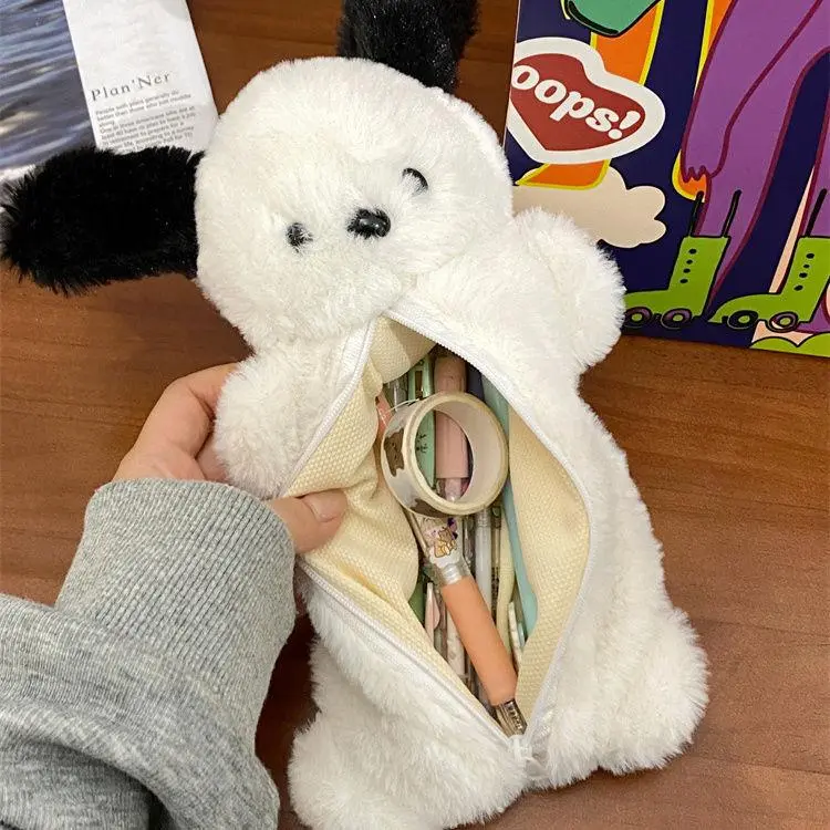 Cute INS-Style Cartoon Pochacco Plush Doll 3D Pencil Case with Zip Closure - Large-Capacity Unisex Kids' Student Stationery Supplies Storage Bag for Desktop Use