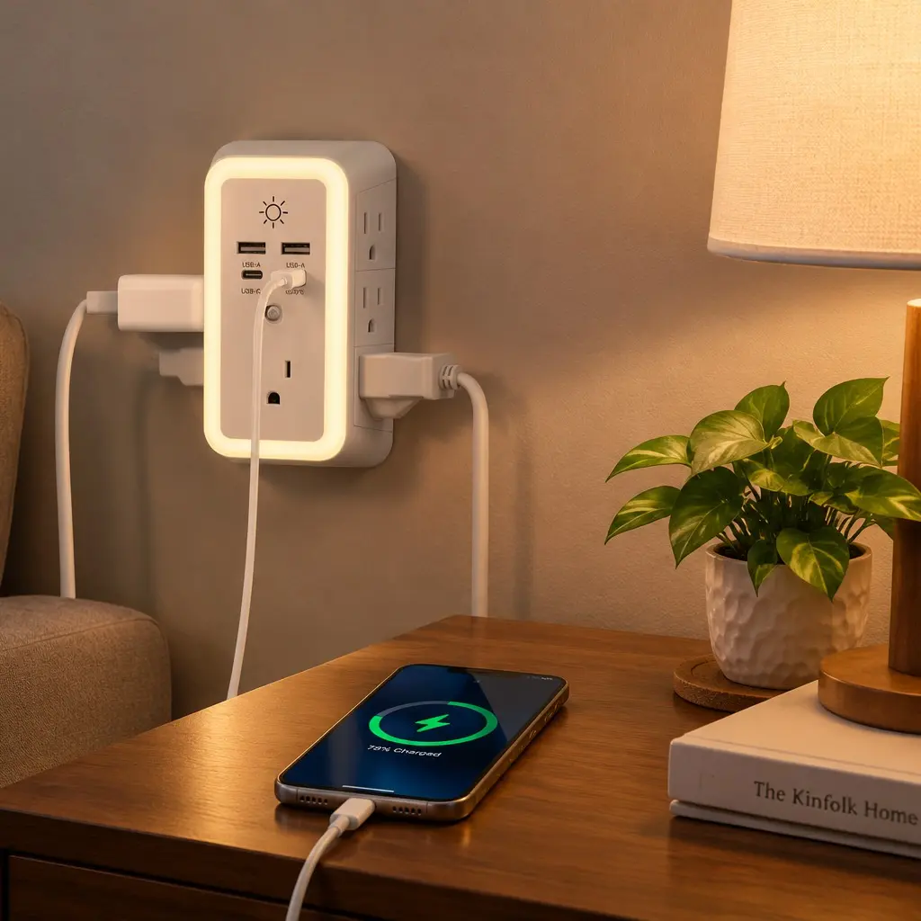 BEJUVG Mountable Wall Outlet Extender, 3-Sided 7-Adapter-Spaced Plugs, 4 Fast-Charging Ports (2 Type C for Modern Gadgets), Night Light, ETL-Certified Dual Outlets Charging Hub Plug-In