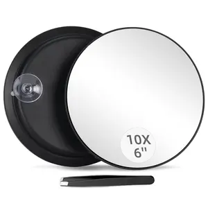 10X Magnifying Mirror with 3 Suction Cups - 6'' Stick on Makeup Mirror 10X Magnification Portable Handheld Cosmetic Mirror and Tweezers Set for Travel Makeup Bathroom