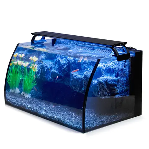 Hygger Beginner Aquarium Kit - 8gal Curved Wide-View Tank, 6g Enclosure, 18W Colored LED Light with Color Mix & White Light, 110Gph 2-Stage Ultra-Quiet Power Filter Pump, Mountain View Background, Office Power Supply, Gift for Betta Fish Lovers