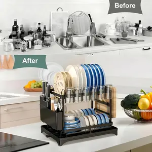 Multi-functional Double Layer Dish Rack Kitchen Storage Organizer For Plates Bowls Utensils