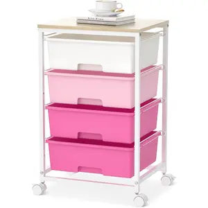 Utility-Rolling-Craft-Storage-Cart-Organizer with 4 Drawers and Wooden Tabletop, 4 Tier Drawer Cart for Home Office,  Room, Classroom Teacher, Dorm, Pink