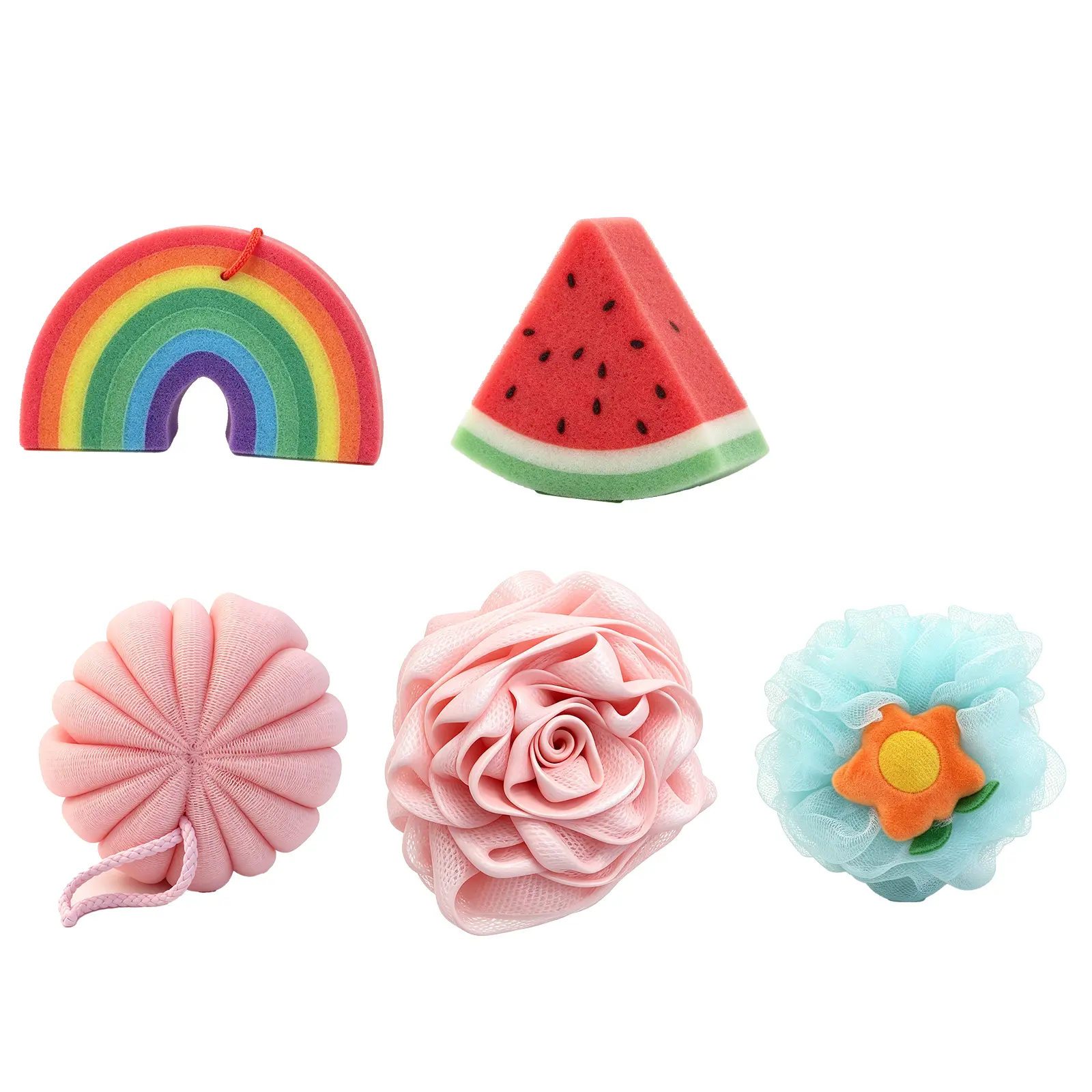 5 Pcs Cute Bath Sponge & Loofah Set, Soft Exfoliating Shower Poufs with Hanging Loop, Round & Novelty Shapes, Personal Care Accessories Gift for Kids & Adults, Mesh Loofah Loofahs, Sponges, & Poufs