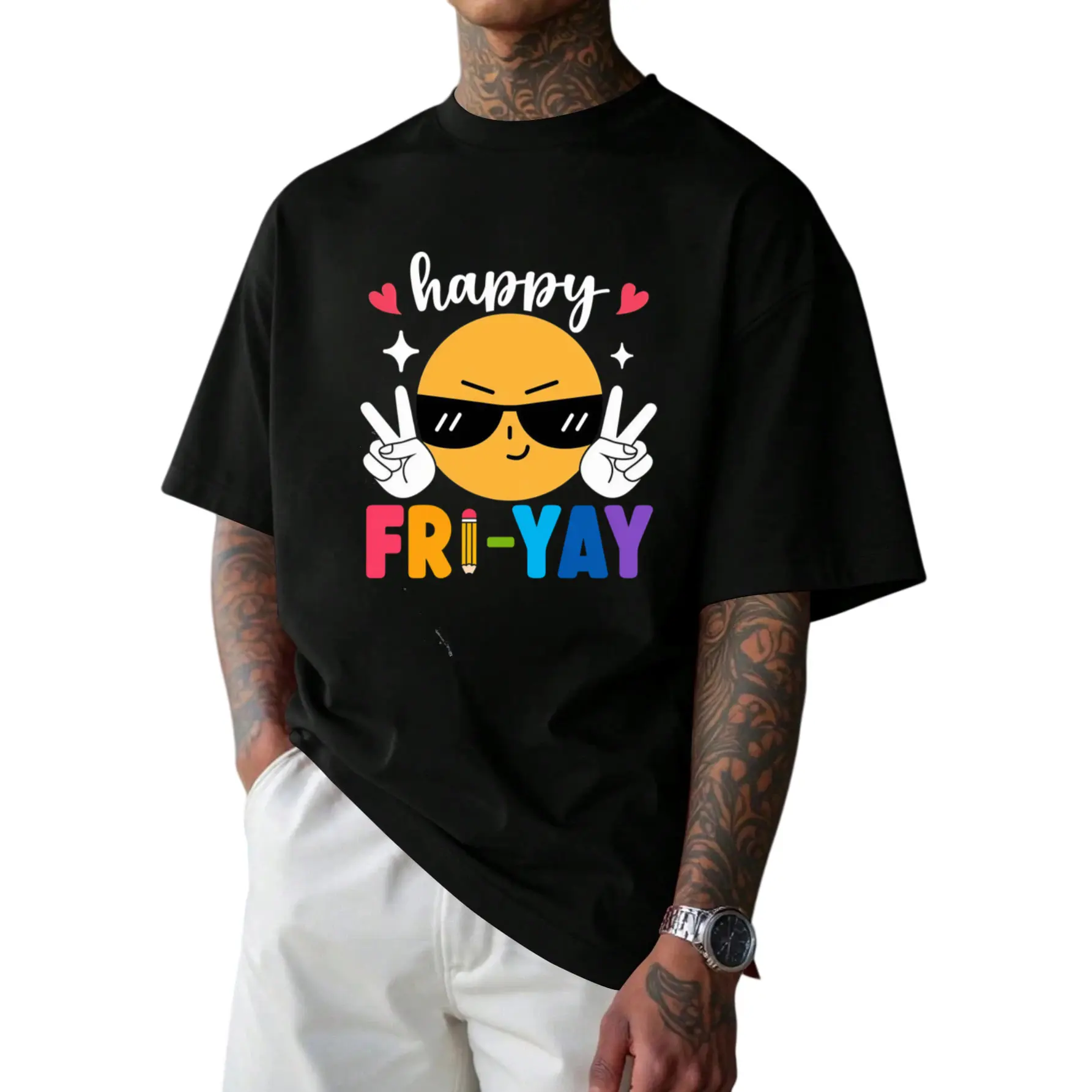 Funny Friday Text Print T-Shirt | 100% 180gsm, Casual Round Neck Short Sleeve Tee with Happy FRI-YAY & Smiling Sun Design, Black Layering Top for Week Outfits, Parties & Casual Attire