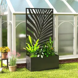 Metal Planter Box with Trellis Raised Garden Bed Large Leaf Cut Out Privacy Screen 70.9 Inch Tall for Climbing Plants Vines for Patio Balcony Backyard Natural Green Wall