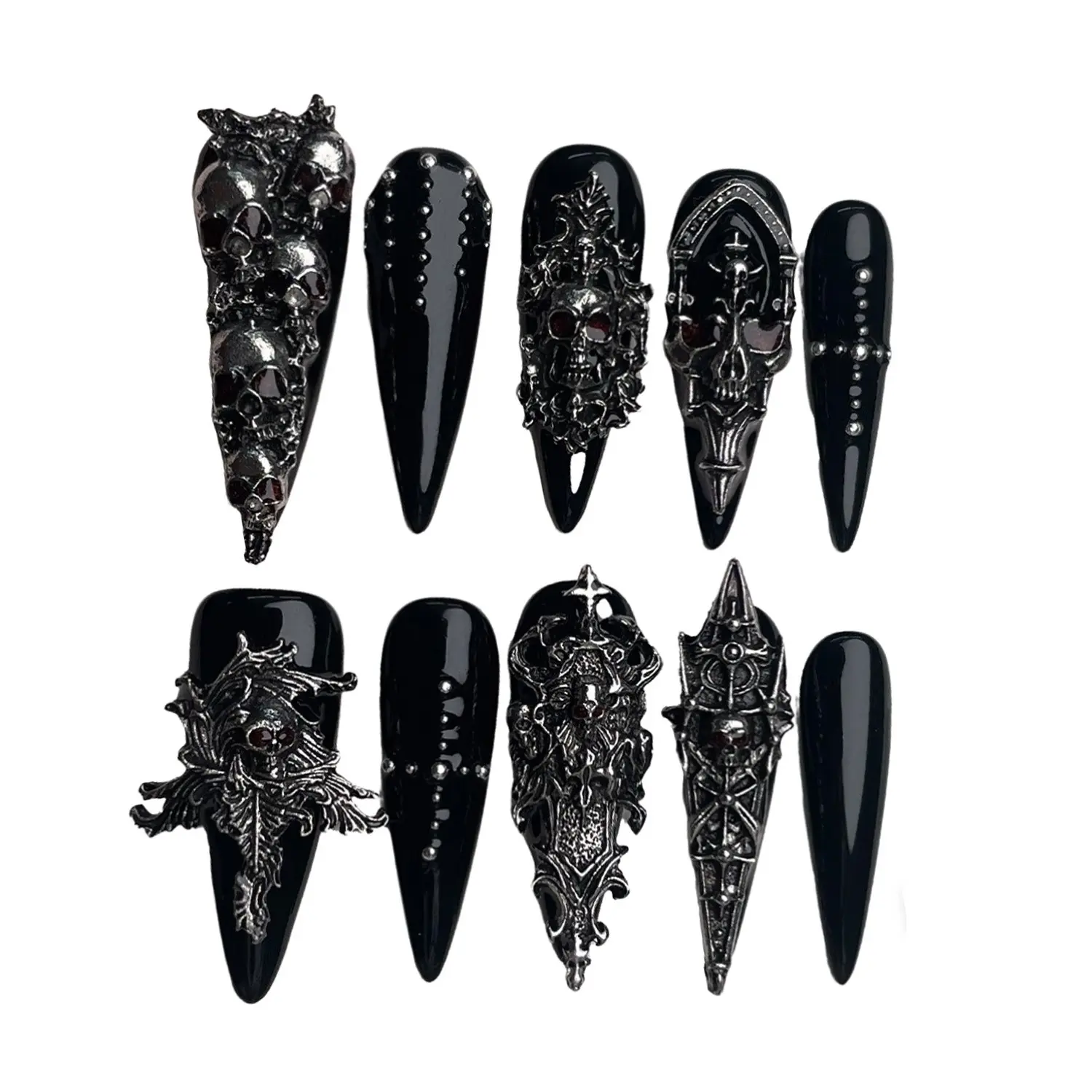 10pcs Handmade 3D Silver Skull Press On Nails, Halloween Witch Armor Gothic Fake Nails, Sharp Long Stiletto Design, Removable, Includes Nail File, Acrylic Stick & Jelly Self Adhesive, Nail Art