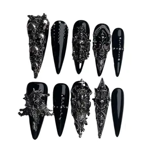 10pcs Handmade 3D Silver Skull Press On Nails, Halloween Witch Armor Gothic Fake Nails, Sharp Long Stiletto Design, Removable, Includes Nail File, Acrylic Stick & Jelly Self Adhesive