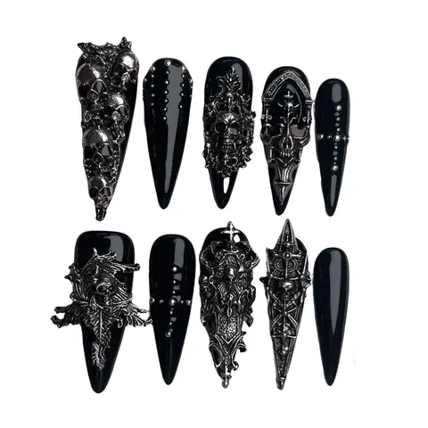 10pcs Handmade 3D Silver Skull Press-On Nails, Halloween Witch Armor Gothic Fake Nails, Removable False Nails, Sharp Long Stiletto Design, Removable, Includes Nail File, Acrylic Stick & Self-Adhesive Jelly Tabs, Nail Art