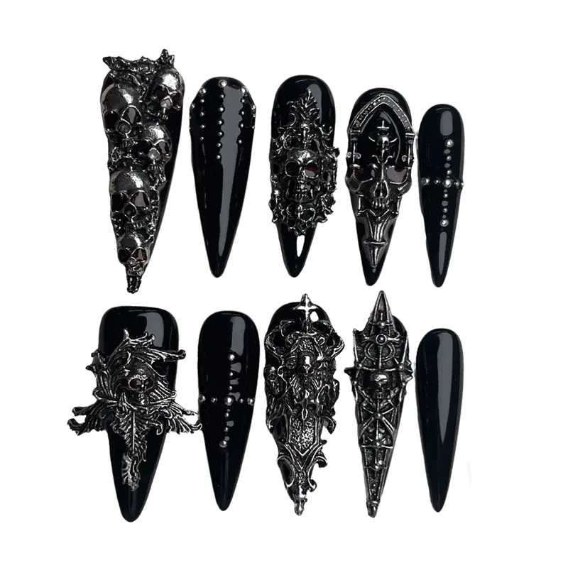 10pcs Handmade 3D Silver Skull Press-On Nails, Halloween Witch Armor Gothic Fake Nails, Removable False Nails, Sharp Long Stiletto Design, Removable, Includes Nail File, Acrylic Stick & Self-Adhesive Jelly Tabs, Nail Art