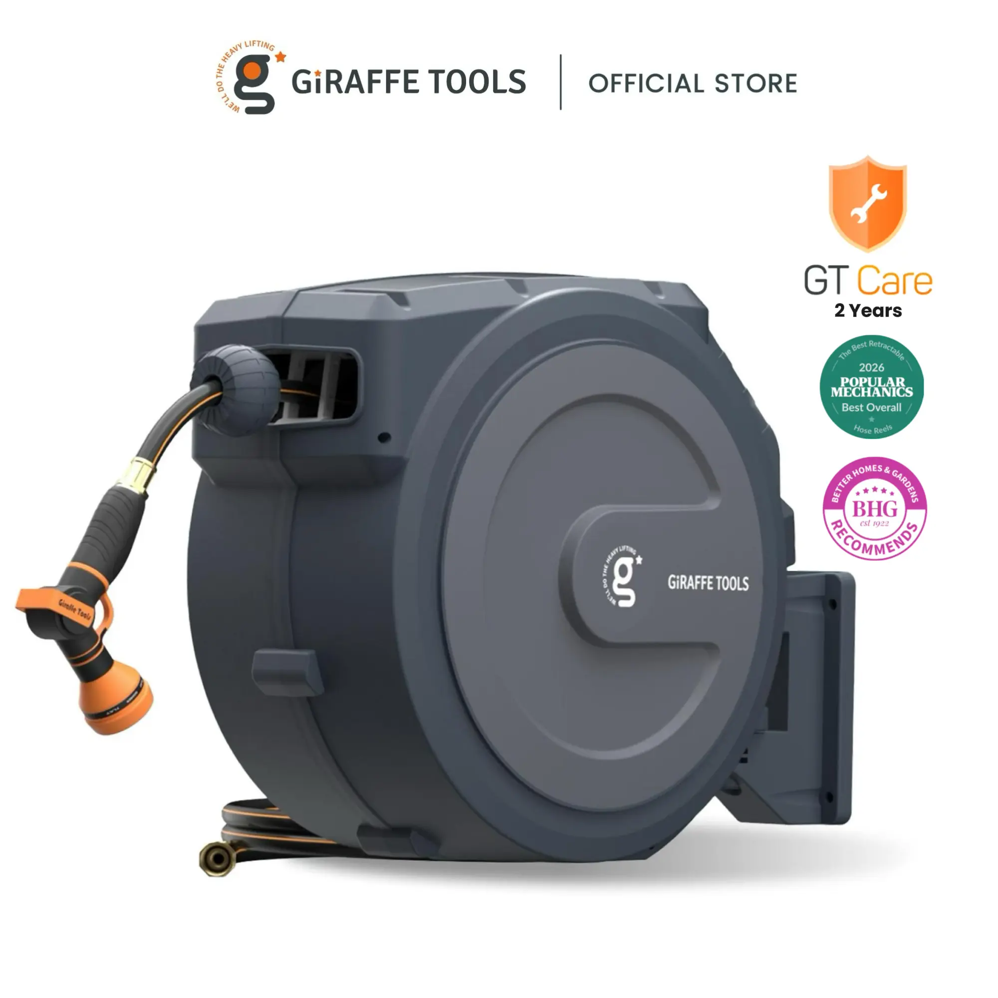 Father's Day Gift | Giraffe Tools 78ft-130ft 330LB Metal Bracket Retractable Garden 5/8in 1/2in Hose Reels for Outside,Bob Vila Best Overall Wall Mounted Water Hose Reel with 180° Swivel, Any Length Lock, 9 Pattern Hose Nozzle, 2 years warranty