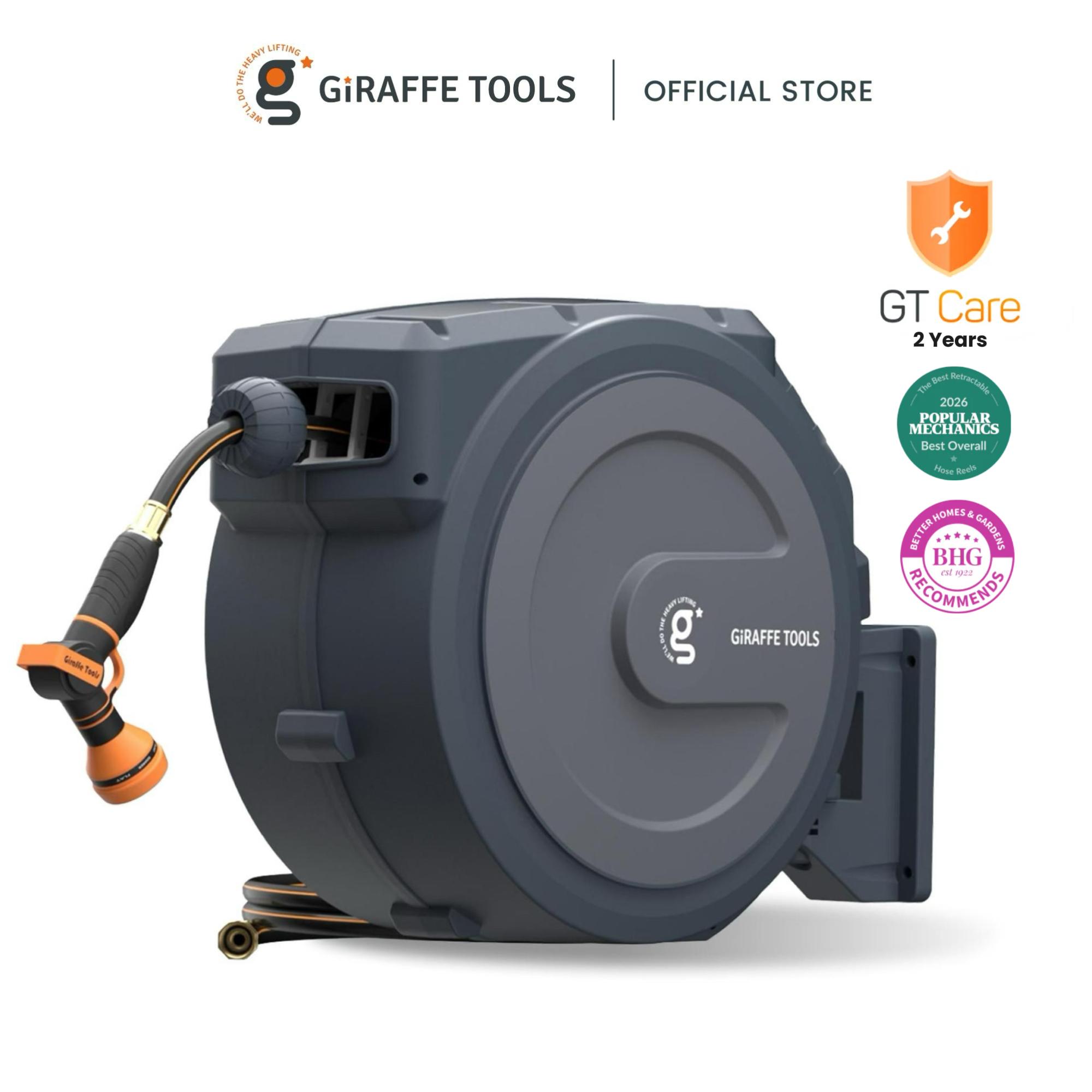 Father's Day Gift | Giraffe Tools 78ft-130ft 330LB Metal Bracket Retractable Garden 5/8in 1/2in Hose Reels for Outside,Bob Vila Best Overall Wall Mounted Water Hose Reel with 180° Swivel, Any Length Lock, 9 Pattern Hose Nozzle, 2 years warranty
