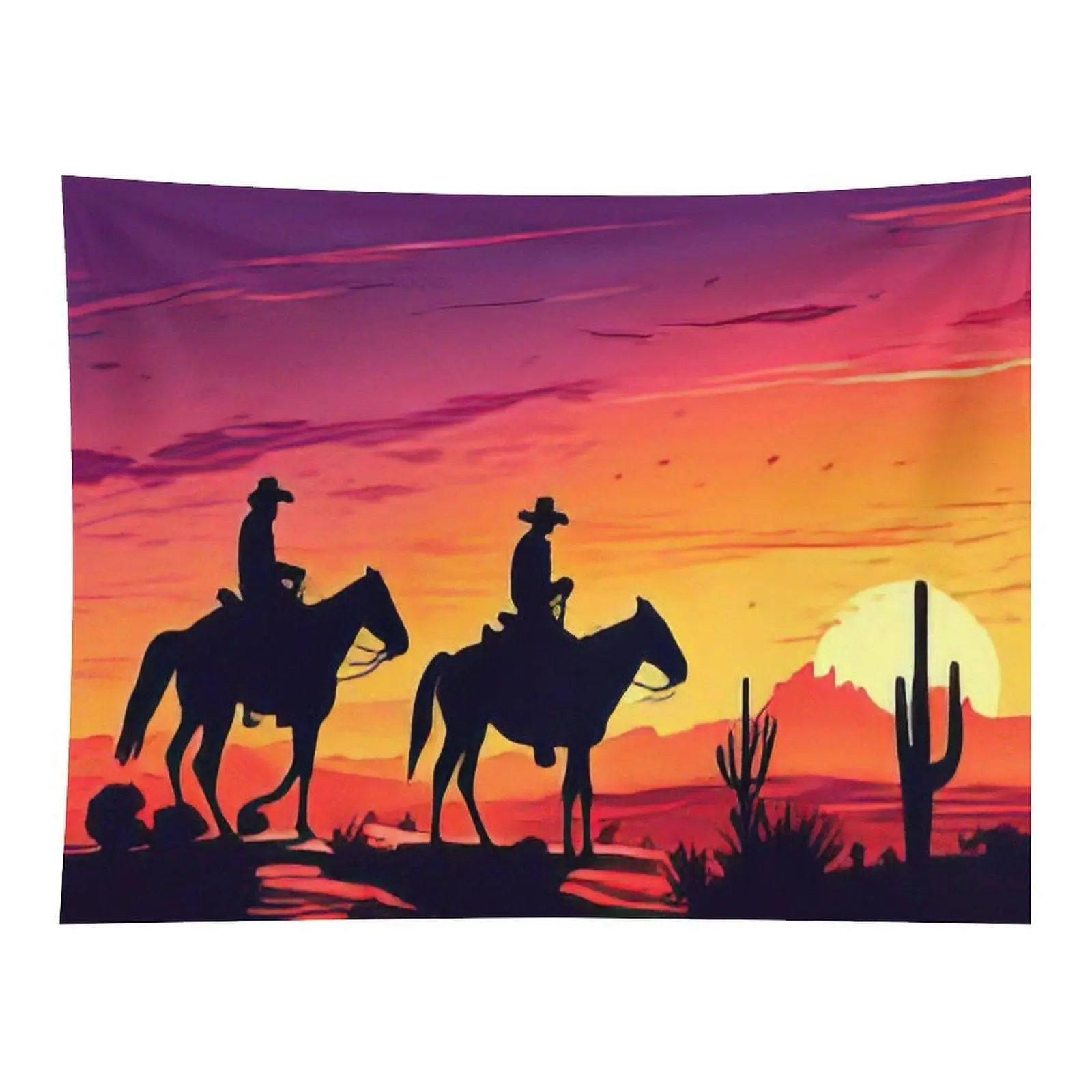 Western Desert Cowboy Horse Silhouette Sunset Tapestry Cactus Mountain Scenery Retro Southwest Art Wall Hanging For Farmhouse Decor