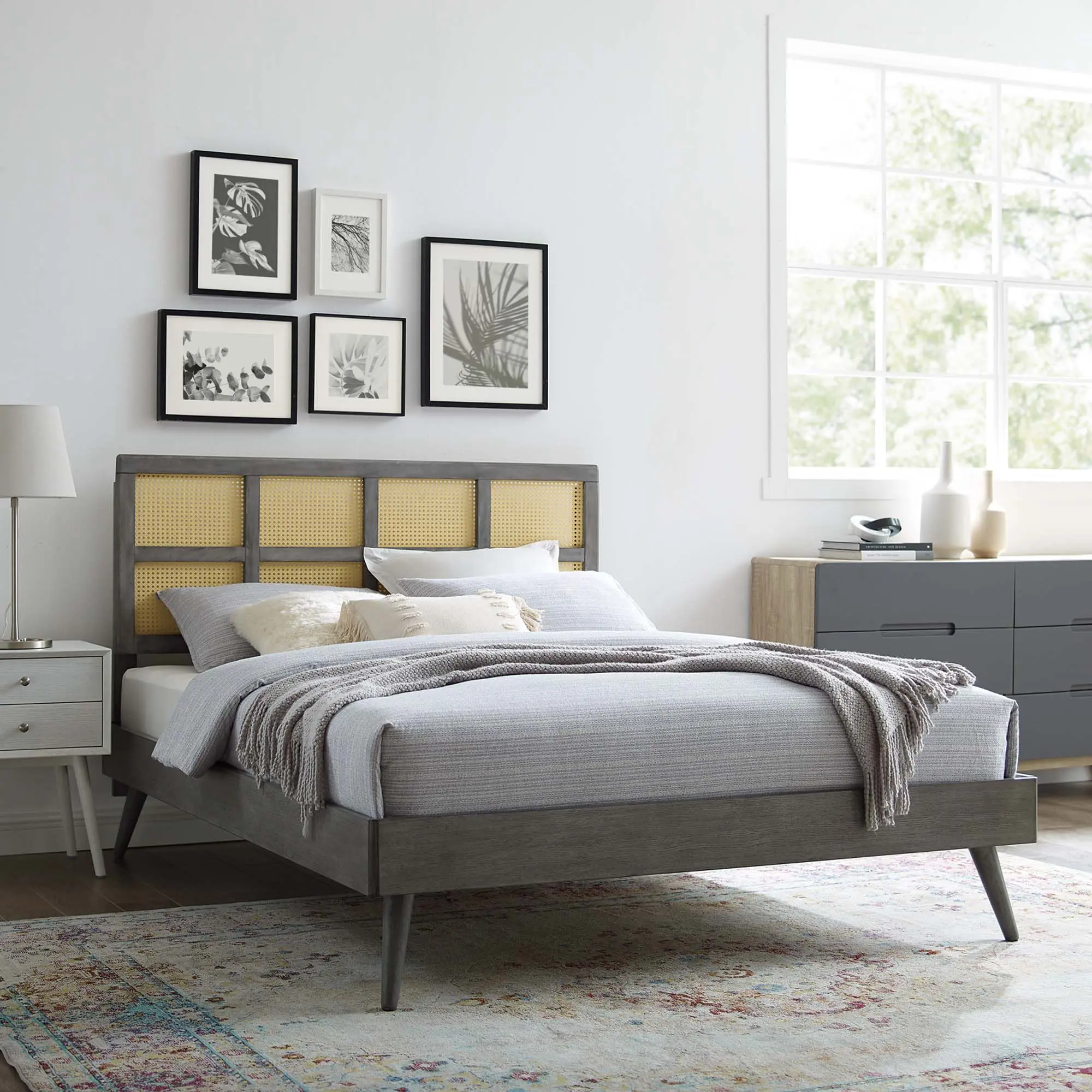 Modway Sidney Full Platform Wooden Bed Frame, Gray Cane & Wood Design, Splayed Legs, Modern Wooden Headboard