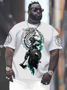 Plus Size Men's Viking Warriors Print Short Sleeve T-Shirt, Geometric Pattern, Loose Fit, Breathable Casual Wear for All Seasons