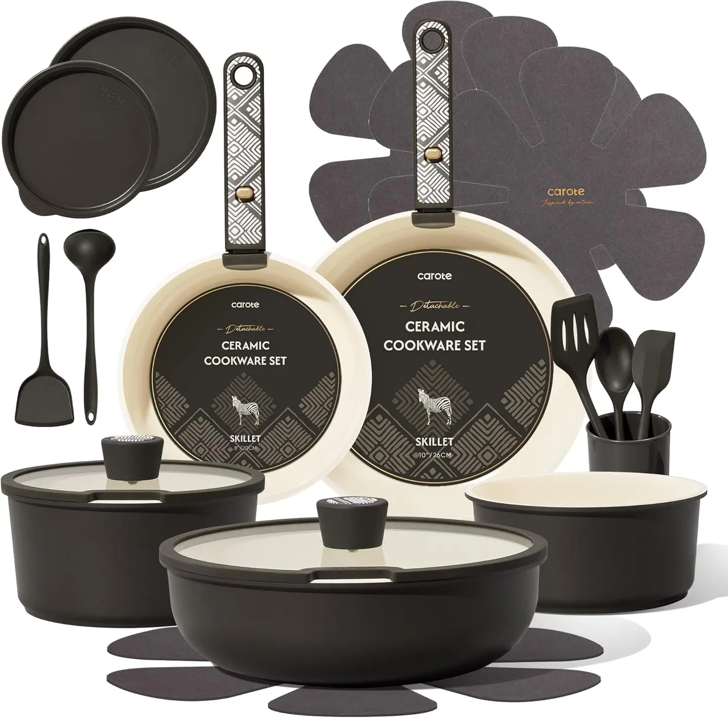 CAROTE 21-Piece Ceramic Cookware Set with Detachable Handles – Nonstick Pots & Pans, Induction Compatible, Oven & Dishwasher Safe Lid