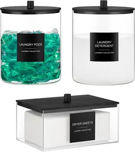Glass Jars and  Dryer Sheet Holder, Laundry Pods Container with  Lid and 27 Labels,  Detergent Containers for Laundry Room Organization, Storage Jars Set (3 Pack, Black)
