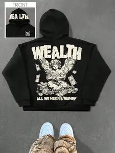 Gothic Dark Style Graphic Hoodie, Fall Winter Trendy Angel Money Print Pullover, Streetwear Design, Unique Slogan, Cool Casual Wear