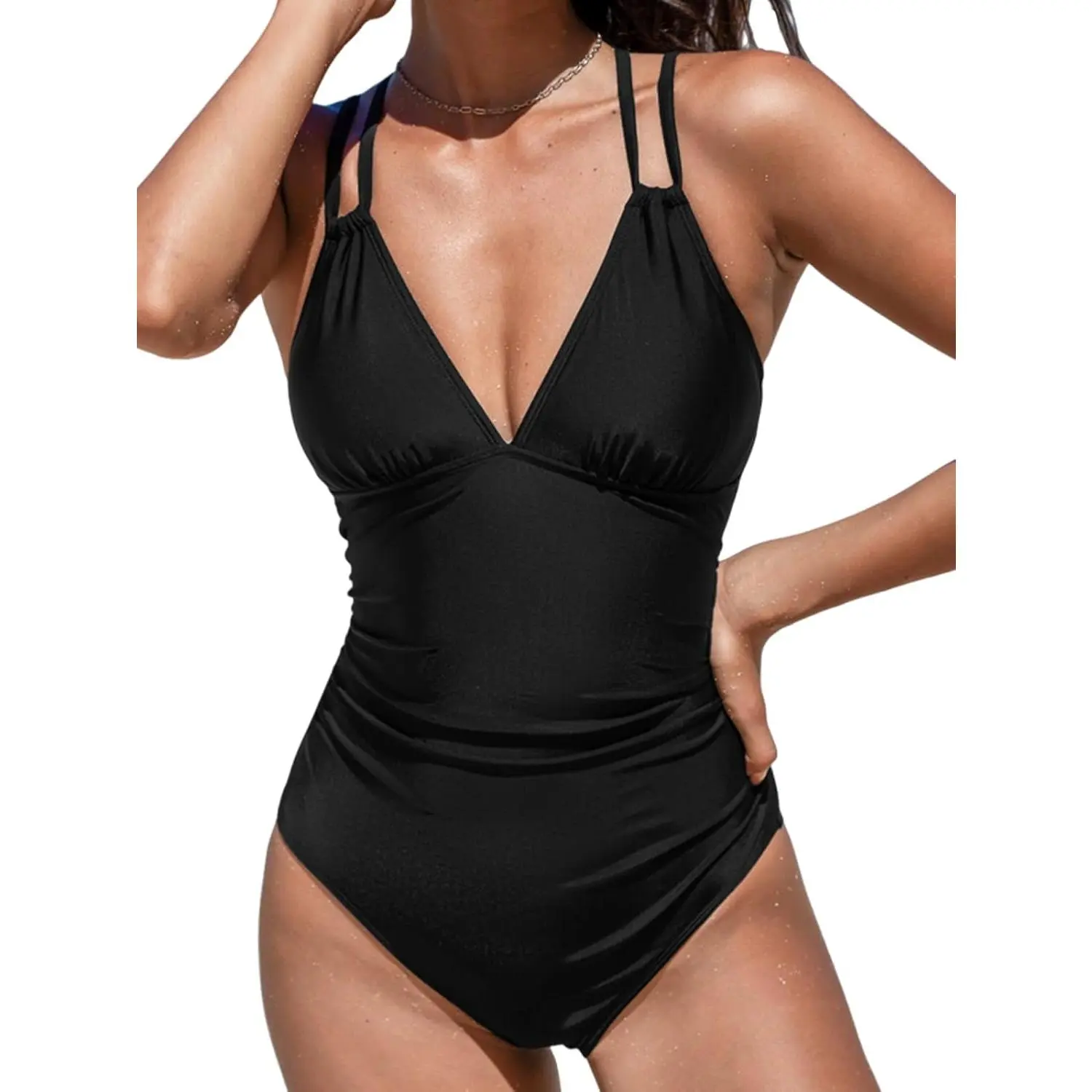 CUPSHE Women's One Piece Swimsuit V Neck Tummy Control Double Adjustable Straps Back Cutout O-Ring