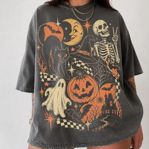 Comfort Colors Retro Halloween Shirt, Y2K Tee, Vintage Black Cat Ghost Skeleton T-Shirt, Spooky Cute Pumpkin Witch Graphic Tee