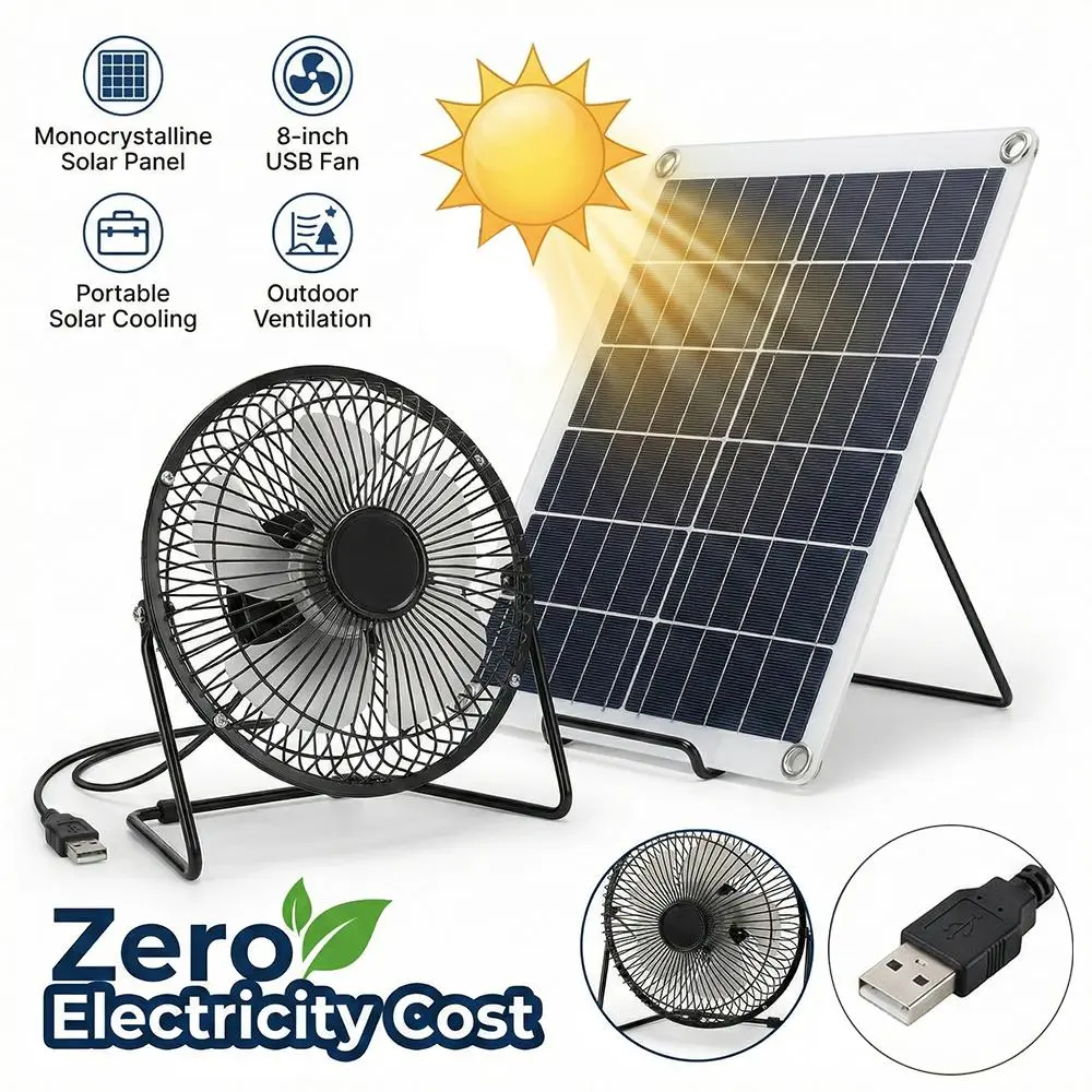 【DealsForYouDays】15W Solar Powered Fan with 8 Inch USB Exhaust Fan, Portable Monocrystalline Solar Panel Ventilation Fan for Camping, Greenhouse, RV, Shed & Outdoor Cooling