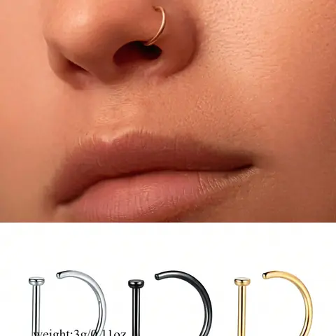 3Pcs Women Fake Piercing Nose Hoops Ring Hoop Septum Non Piercing Nose Clip Rock HipHoop Stainless Steel Fashion Punk Body Jewelry Spiral Nose Ring Fake Nose Piercings