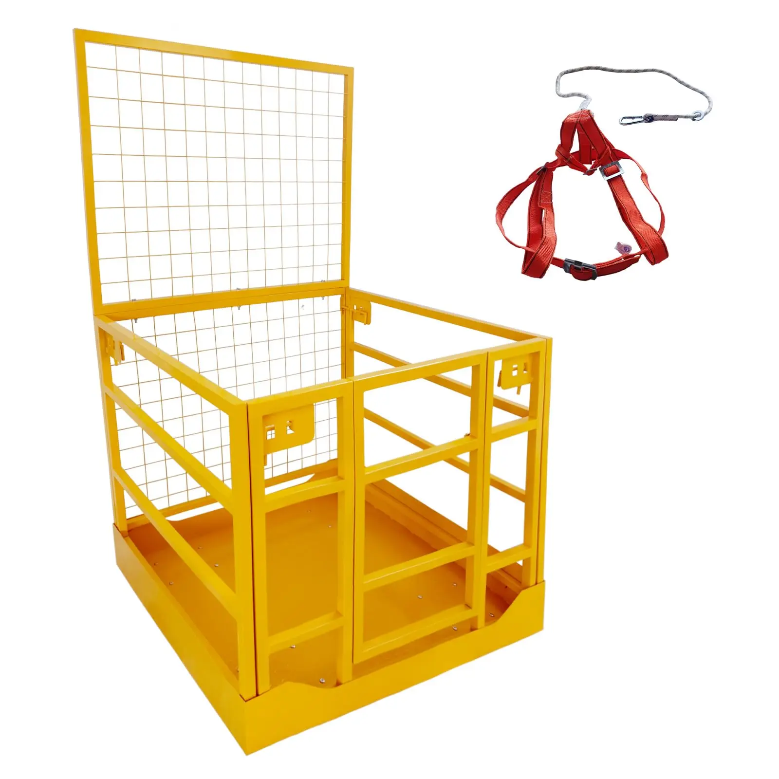 GARVEE Forklift Safety Cage: Versatile 43" x 45" Folding Work Platform with 1300 lbs Capacity, Includes Safety Harness and Collapsible Design for Secure Aerial Lifting and Enhanced Workplace Safety.