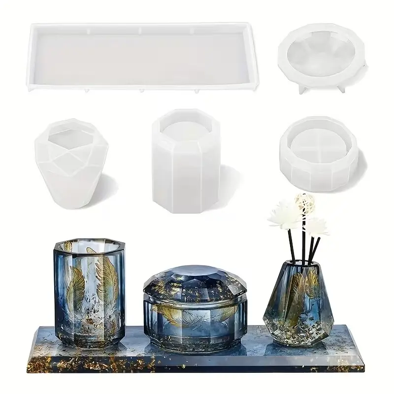 4pcs Flexible Silicone Molds for DIY Projects - Molding Tools for Soap Making, Toothbrush Holder Cups, Diffuser Bottles, Trays & Jars, Resin Casting Supplies