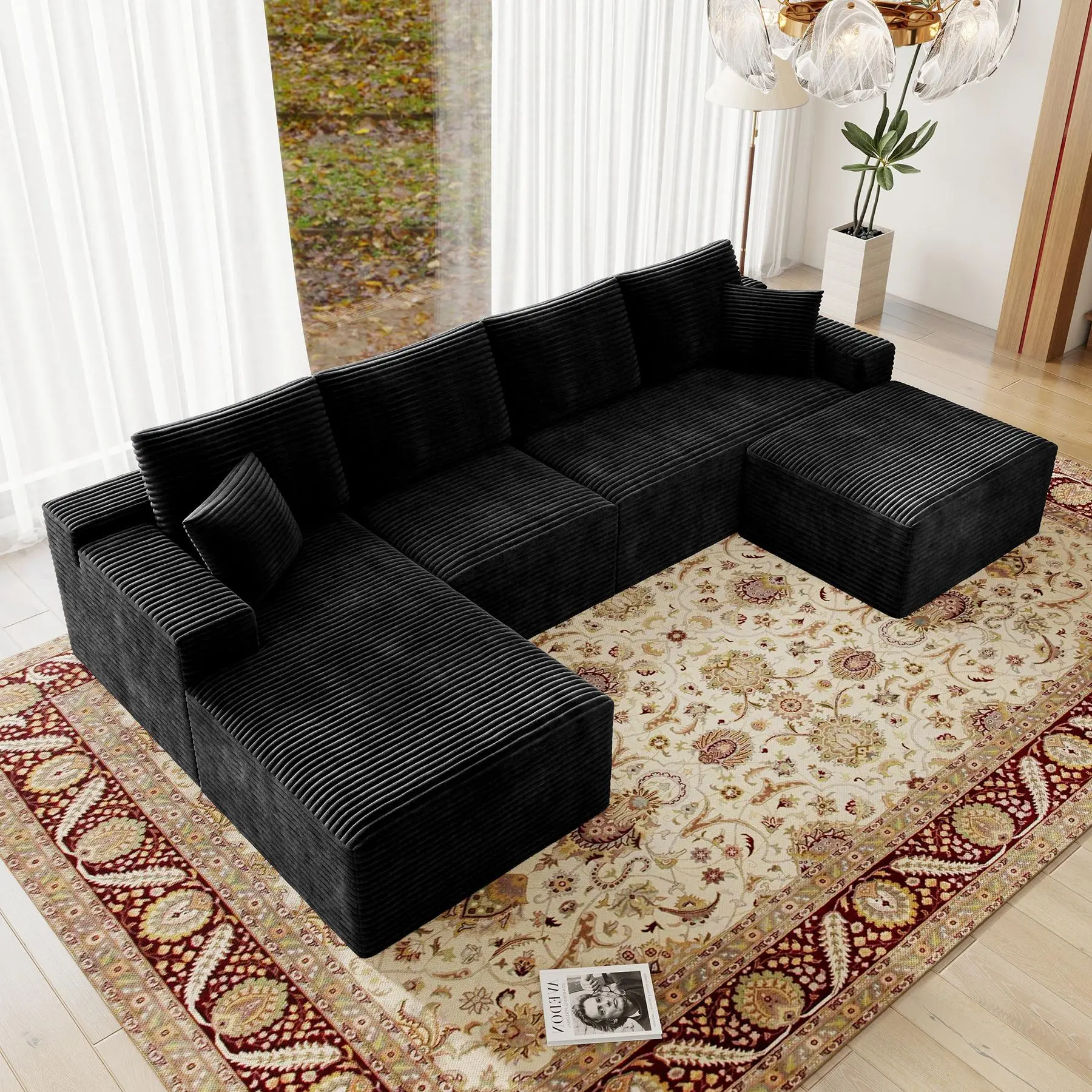 BLACK-131.9"L-shaped Left Facing Chaise with ottom