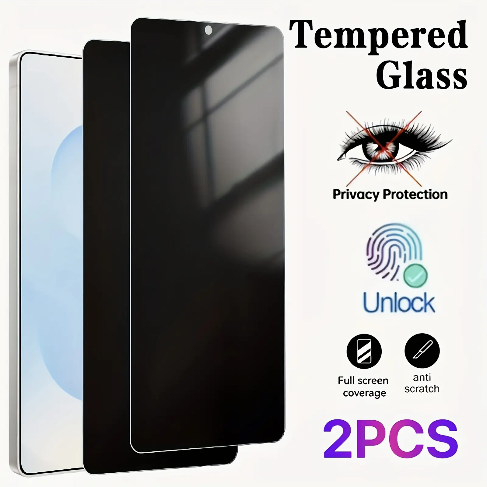 2 Pcs Privacy Protection, Anti Spy Cover Tempered Glass Screen Protectors Compatible With Samsung Galaxy S25/24/23/22/21/20 Series, 9H Hardness Full Coverage, Scratch-Resistant, Shockproof, Supports Ultrasonic Fingerprint Unlocking