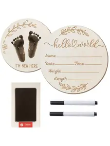 3pcs Baby Announcement Board Set – Wooden Newborn Name Plaque With Ink Pad, Baby Handprint & Footprint Keepsake Sign, Hello World Im The Newcomer Birth Announcement Board, Baby Shower Gift, Nursery Photo Prop & 1st Birthday Memorial Decor