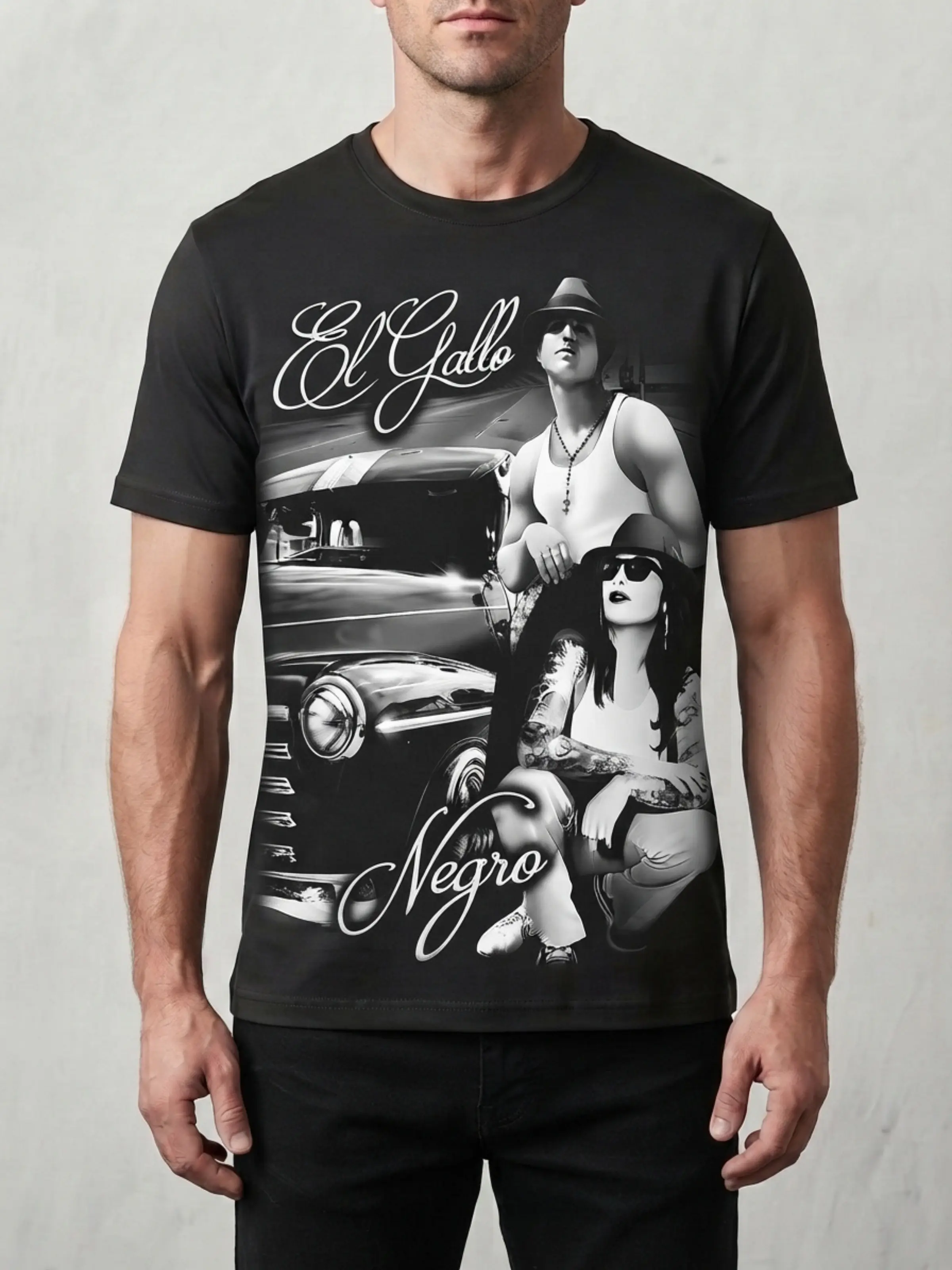 El Gallo Negro VatoLocos Men's Retro Graphic Print T-Shirt, Fitted Cut Heavyweight 100% Cotton Streetwear Top