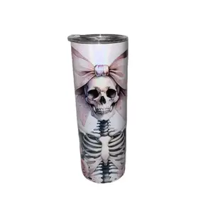 Skull With Pink Bow 20oz Shimmer Skinny Tumbler With Reuseable Straw
