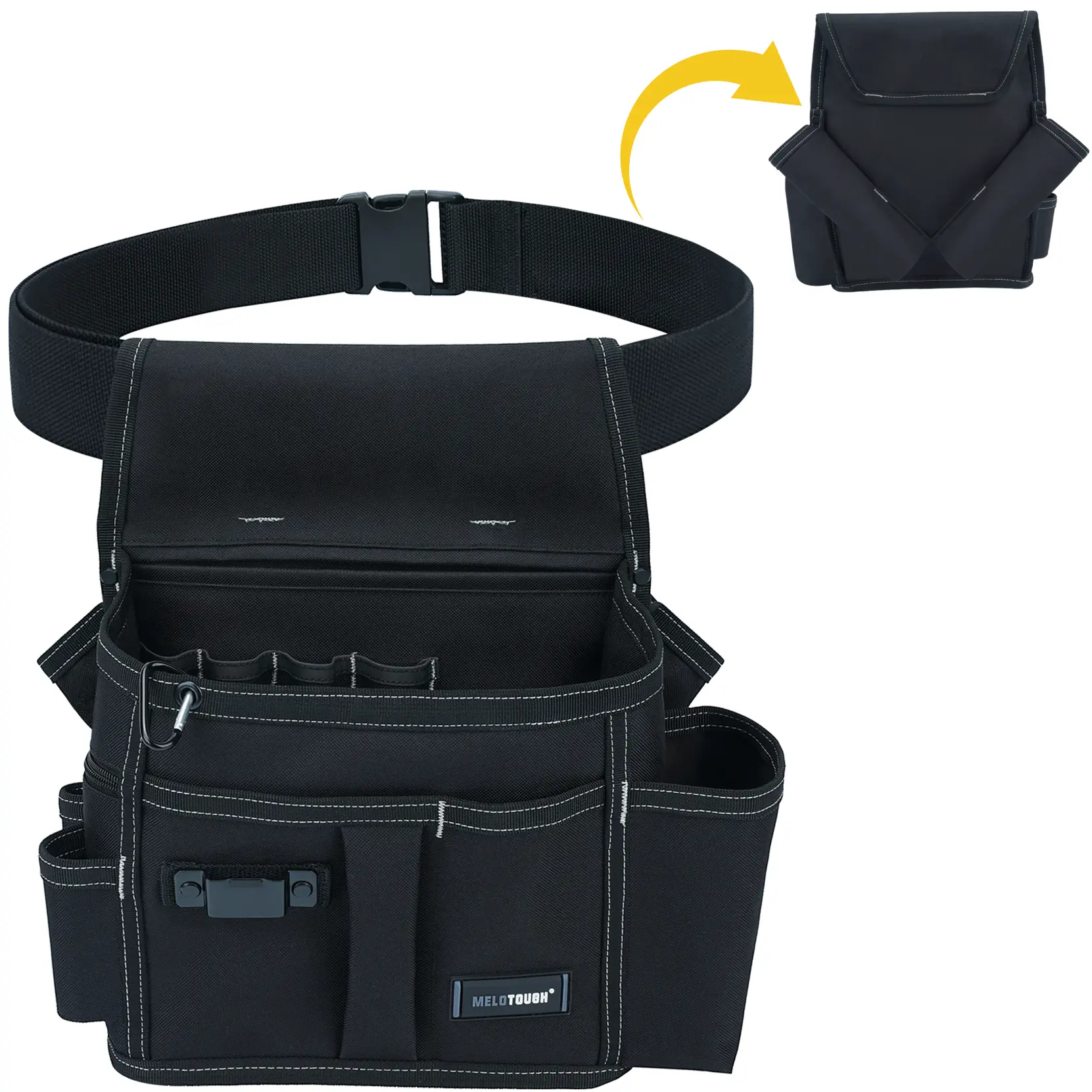 MELOTOUGH 14-Pocket Electrician Tool Pouch with Left & Right Hammer Holder, 2" Adjustable Belt, Durable Black Canvas Tool Storage Bag for Construction Work Accessories