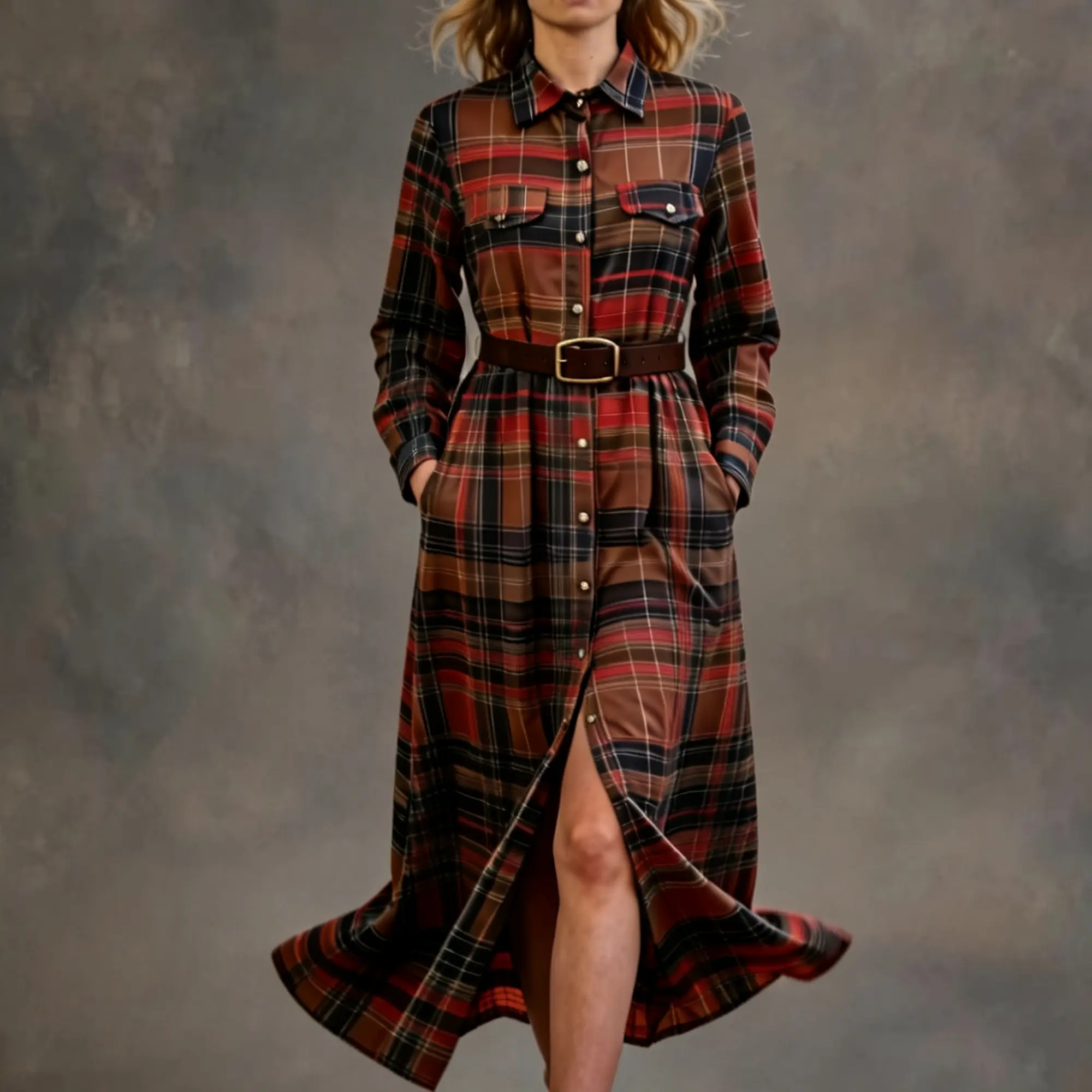 Women Vintage Plaid Maxi Dress Long Sleeve Lapel Collar Belted Irregular Hem Flowy Long Dress With Pockets