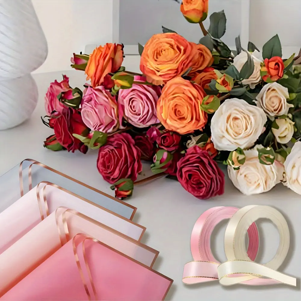 20 Pcs Floral Gift Wrapping Paper Sheets with Satin Ribbon, Flower Bouquet Packaging Supplies for Wedding, Birthday Party DIY, With Ribbon