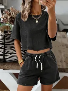 Women's Vintage Washed Crop Top and Drawstring Pocket Shorts Set, Summer Loose Fit Casual, Letter Print Tee and Shorties, Womenswear