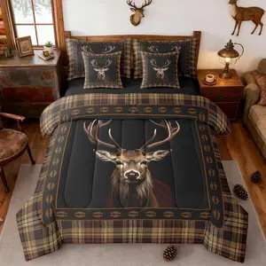 3D Abstract Deer 7 Pcs Comforter Set,Watercolor Wild Animal Rustic Jungle Style Bedding Set for Kids Teens Adults Bedroom (Comforter Flat Sheet Fitted Sheet 2 Pillowcases 2 Throw Pillow Covers)