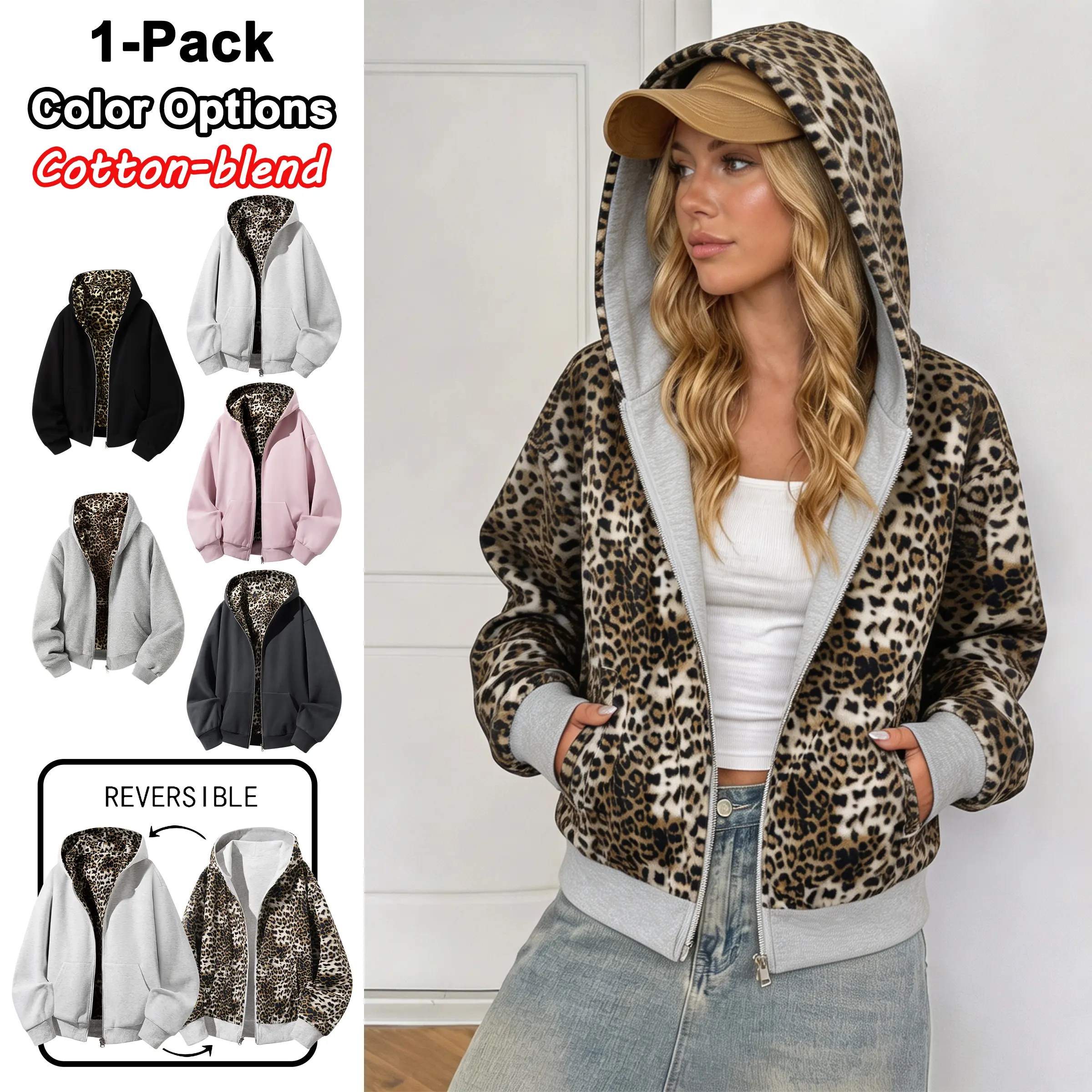 Unisex cotton-blend zip-up leopard-print hoodie, couples’ reversible sweatshirt, loose athletic top, casual street-style top. sohochic