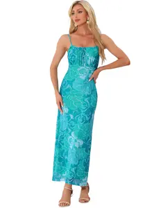 INSPIRE CHIC Sleeveless Spaghetti Strap Boho Floral Maxi Dress Retro Y2K Blue Green
