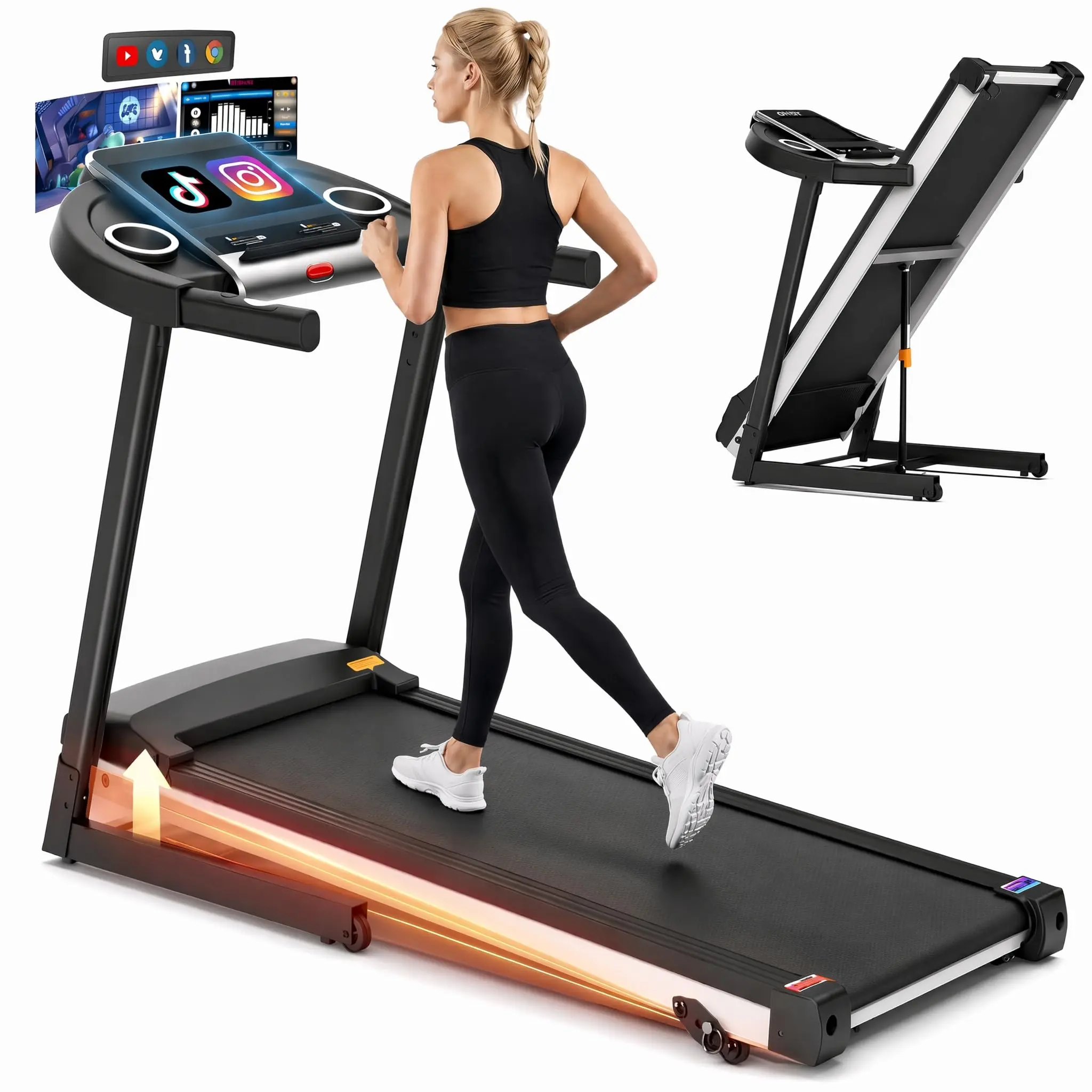 Treadmills for Home with TV Screen and WiFi,Smart Foldable Treadmill Machine,3D Virtual Sports Scene,HiFi Speakers,Popular APP for Social Networking,Video,and Search,