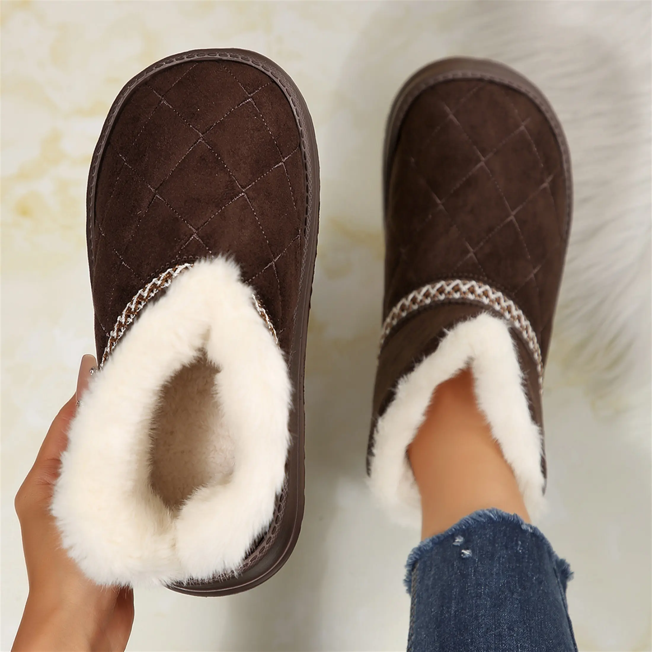 Women's Fuzzy Suede Knitted Snow Boots Comfortable Non-Slip Indoor Outdoor Shoes
