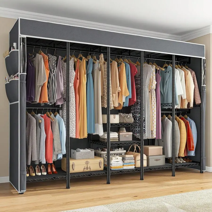 90.6" W Clothes Rack With Cover Heavy Duty Clothing Rack With Cover Loads 1200LBS Wardrobe Closet Freestanding Garment Rack For Bedroom,Home Decor,Room Decor, Black