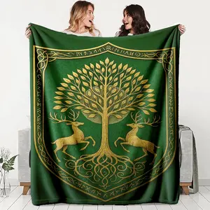 Celtic Gold Tree Deer Flannel Blanket, Soft Warm Anti-Pilling, Ideal for Nap Camping Travel, All Seasons Gift