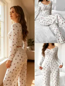 Two-piece Set Women's Cherry Print Pajama,Women's 2-Piece Lounge Set,Lace Trim Ribbed fabric Long Sleeve Pants, Casual Elegant Homewear for Daily Wear,Comfort Pajama Womenswear for All Seasons