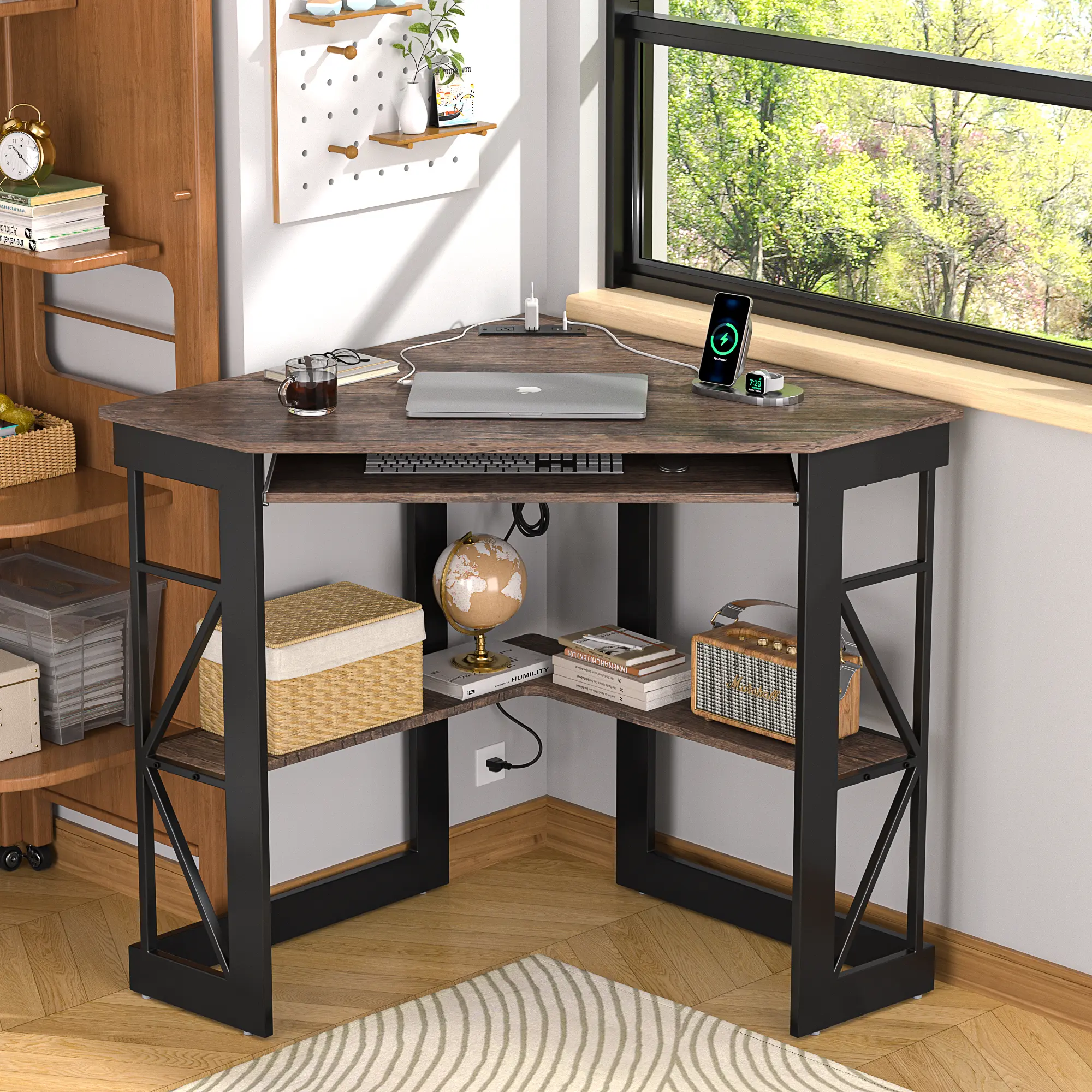 VECELO Modern Corner Computer Desk - Office Furniture with Power Outlets, USB Charging Station, Keyboard Storage Shelves, Triangle Design for Small Space Home Office Organization & Study Setup